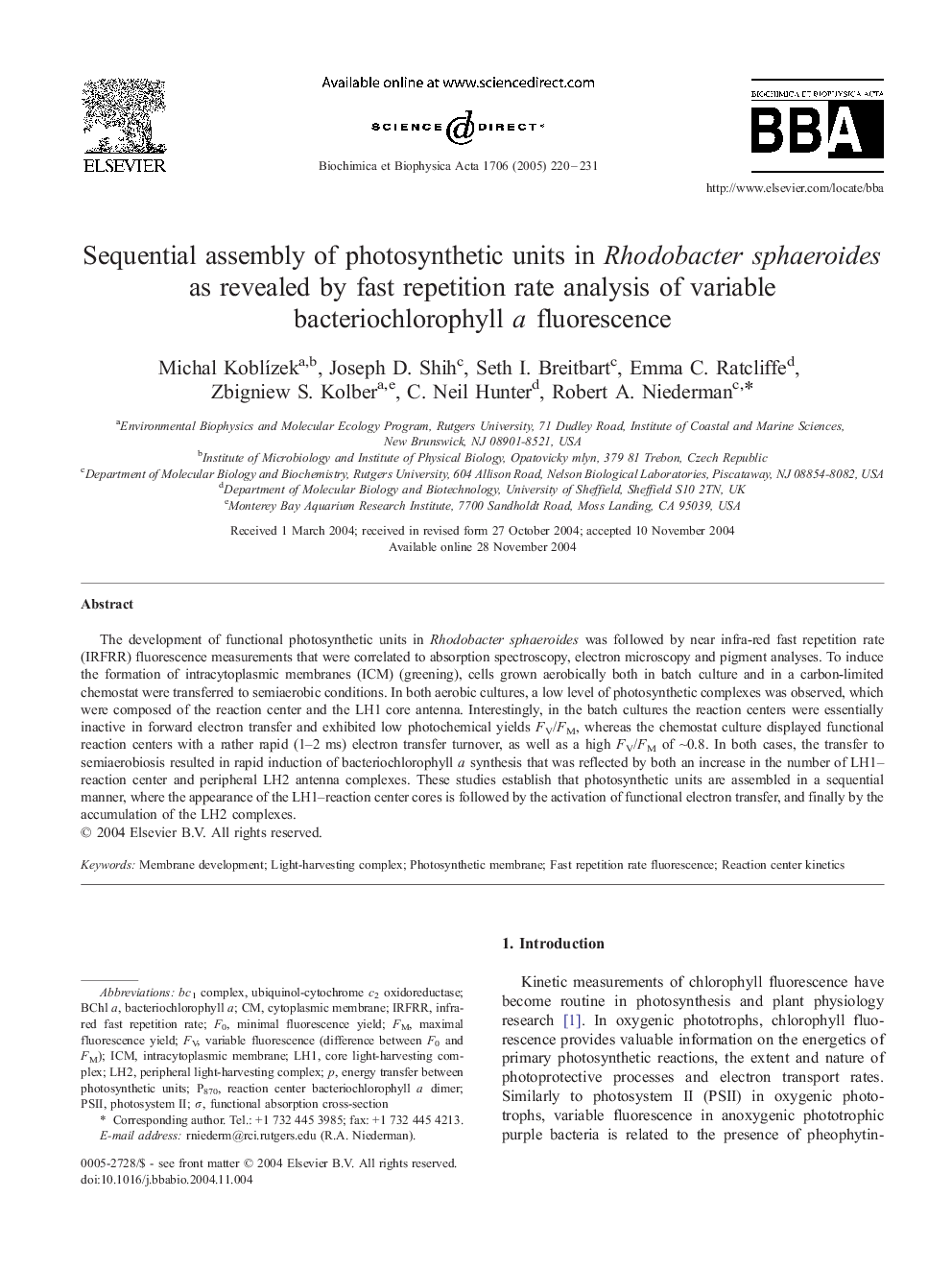 Sequential assembly of photosynthetic units in Rhodobacter sphaeroides as revealed by fast repetition rate analysis of variable bacteriochlorophyll a fluorescence