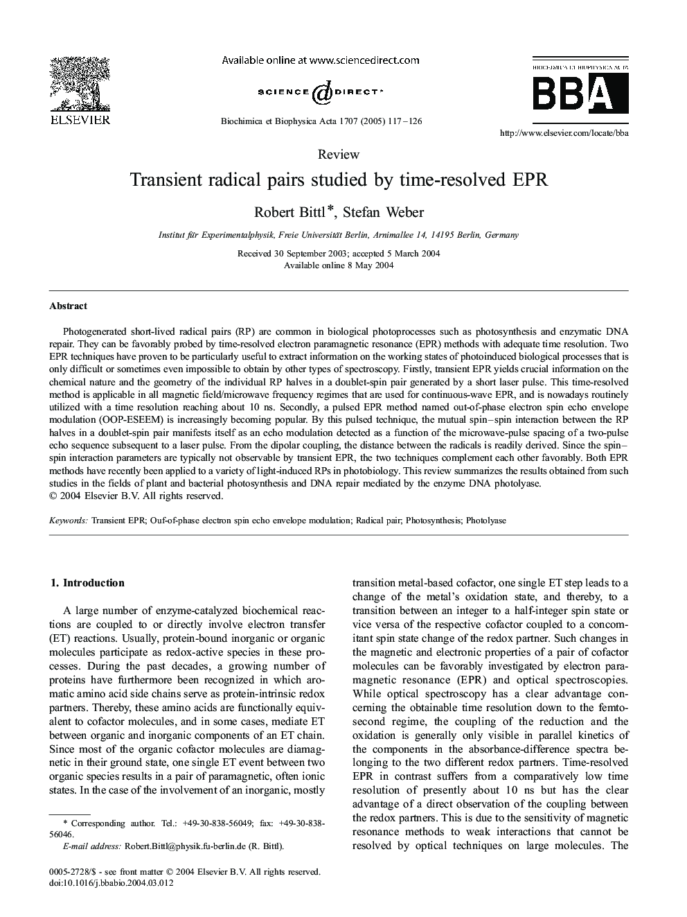 عکس صفحه اول مقاله: Transient radical pairs studied by time-resolved EPR Transient radical pairs studied by time-resolved EPR
