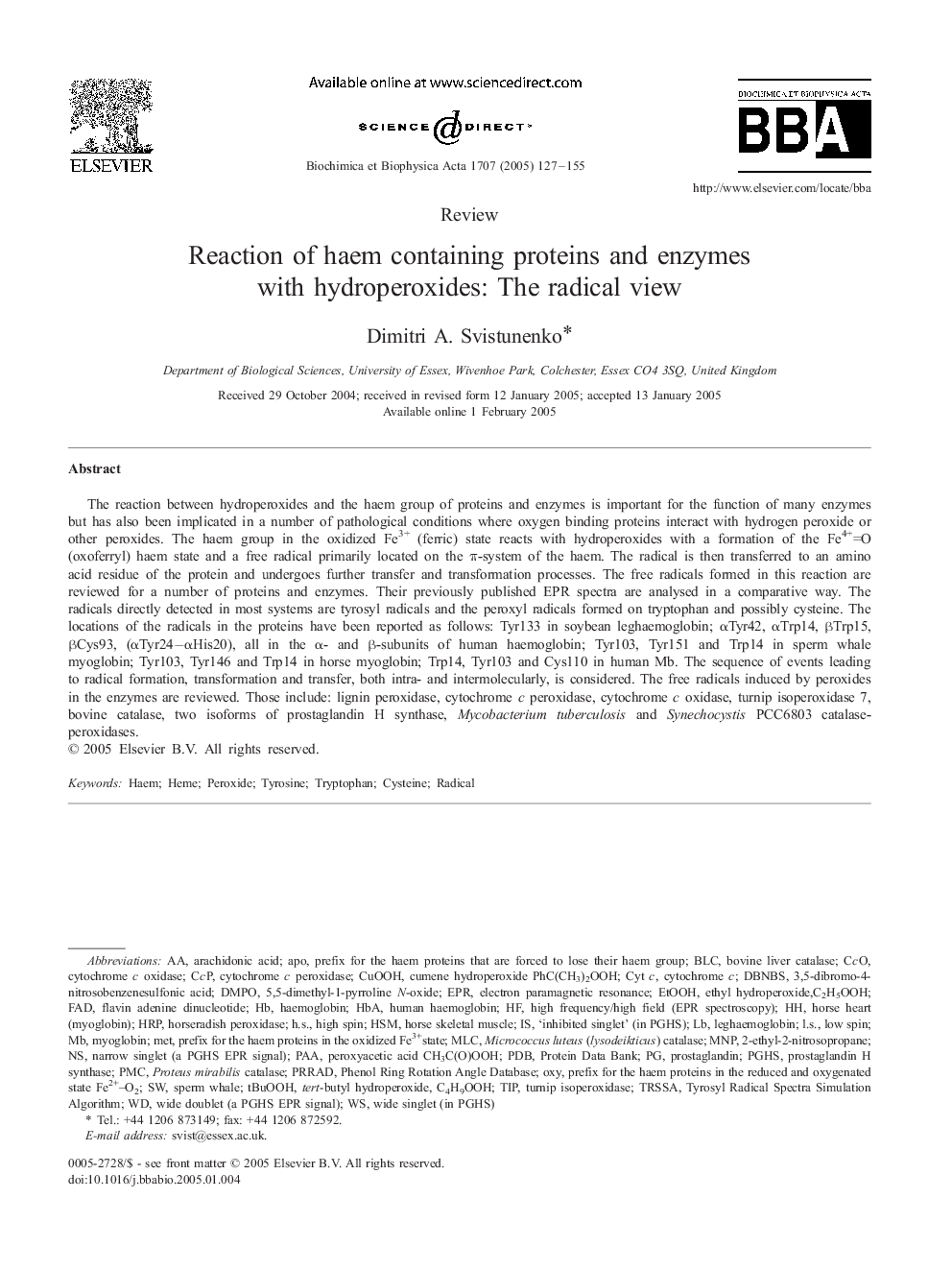 Reaction of haem containing proteins and enzymes with hydroperoxides: The radical view