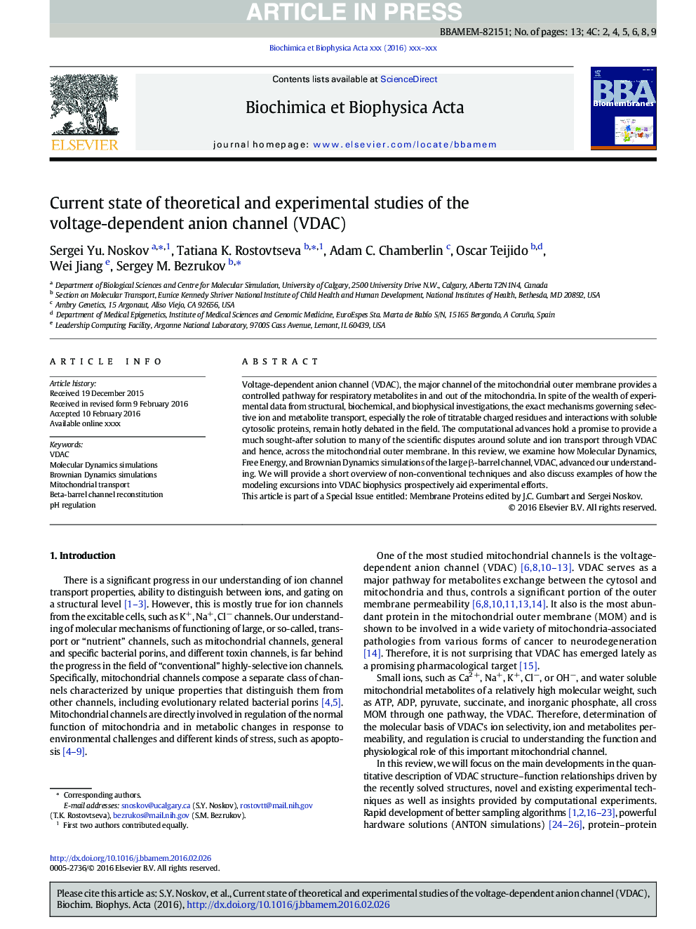 Current state of theoretical and experimental studies of the voltage-dependent anion channel (VDAC)