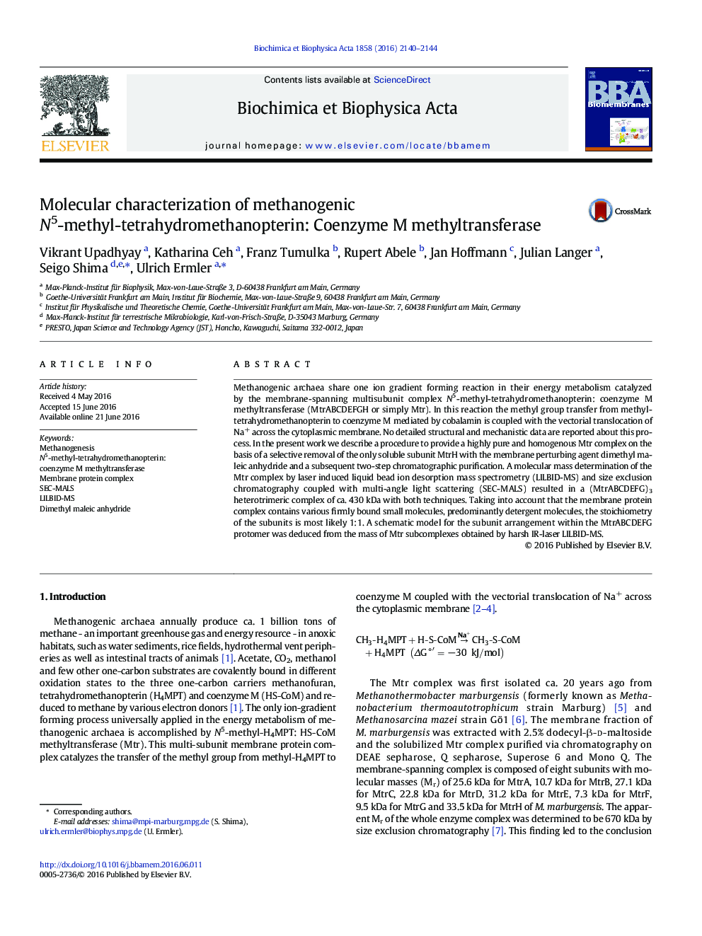 Molecular characterization of methanogenic N5-methyl-tetrahydromethanopterin: Coenzyme M methyltransferase