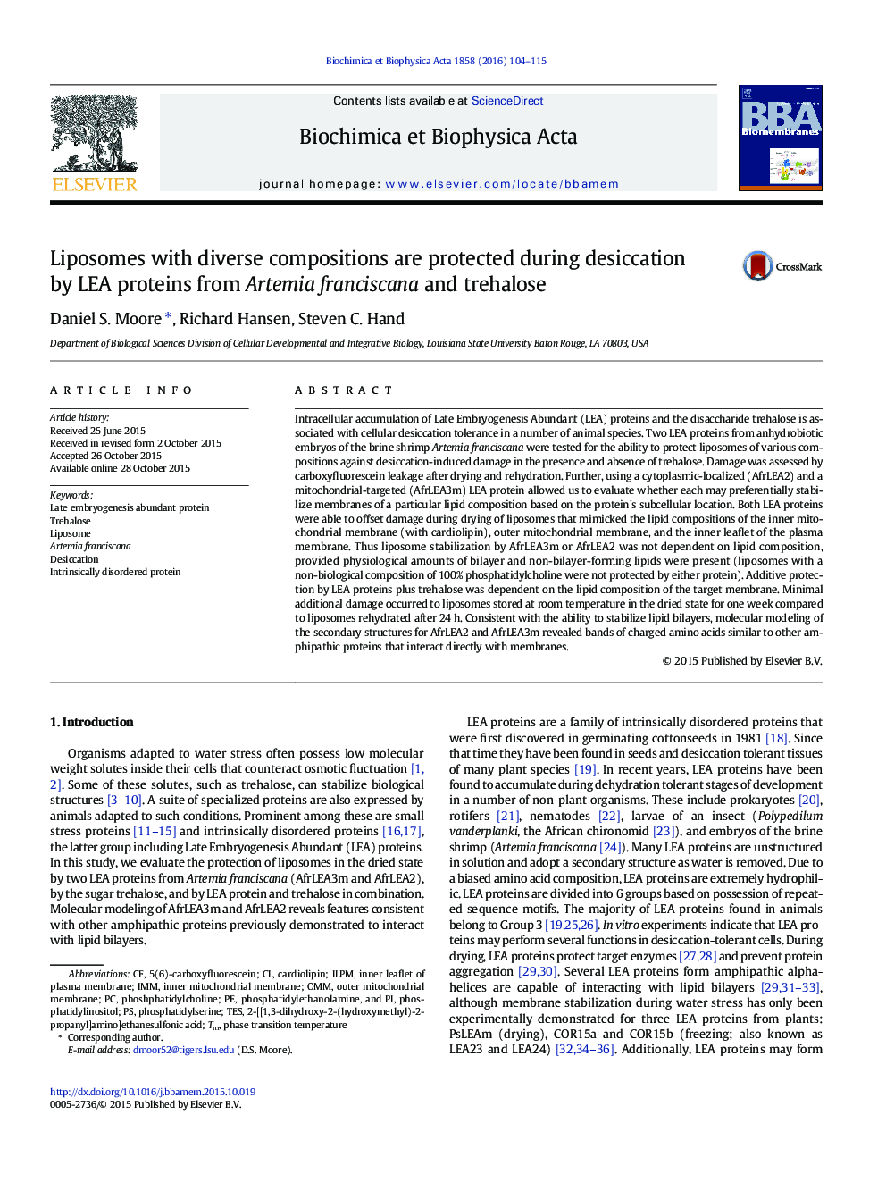 Liposomes with diverse compositions are protected during desiccation by LEA proteins from Artemia franciscana and trehalose