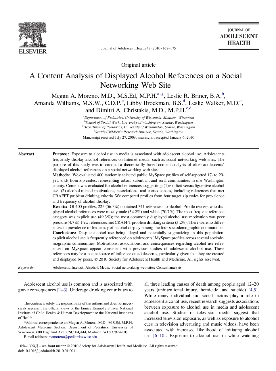 A Content Analysis of Displayed Alcohol References on a Social Networking Web Site 