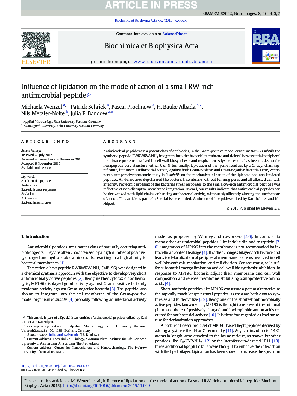 Influence of lipidation on the mode of action of a small RW-rich antimicrobial peptide