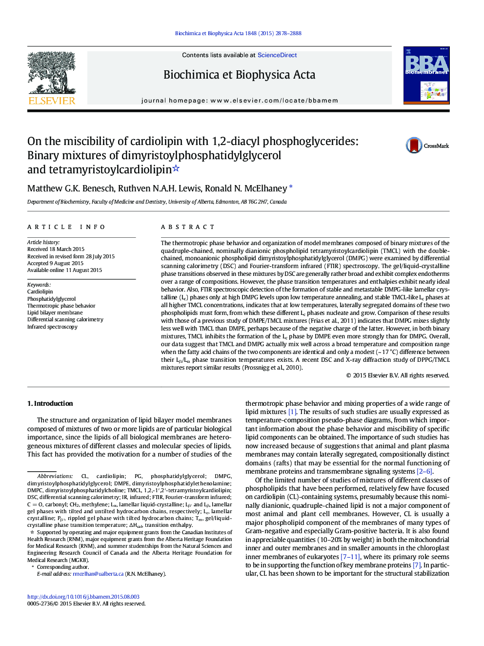 On the miscibility of cardiolipin with 1,2-diacyl phosphoglycerides: Binary mixtures of dimyristoylphosphatidylglycerol and tetramyristoylcardiolipin