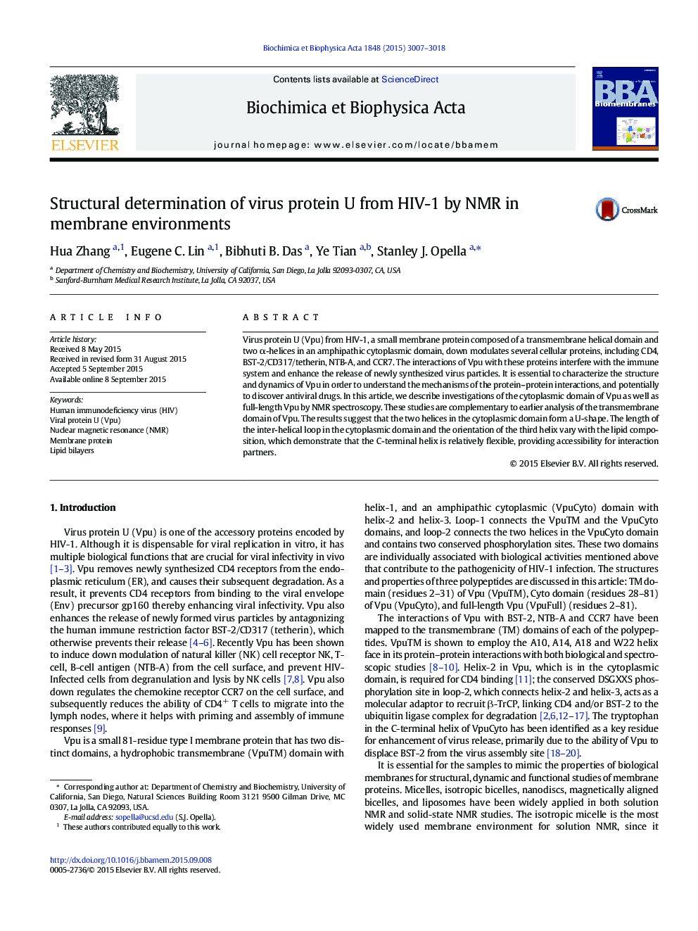 Structural determination of virus protein U from HIV-1 by NMR in membrane environments