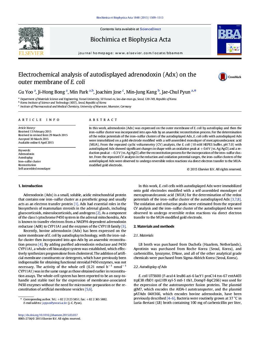 Electrochemical analysis of autodisplayed adrenodoxin (Adx) on the outer membrane of E. coli