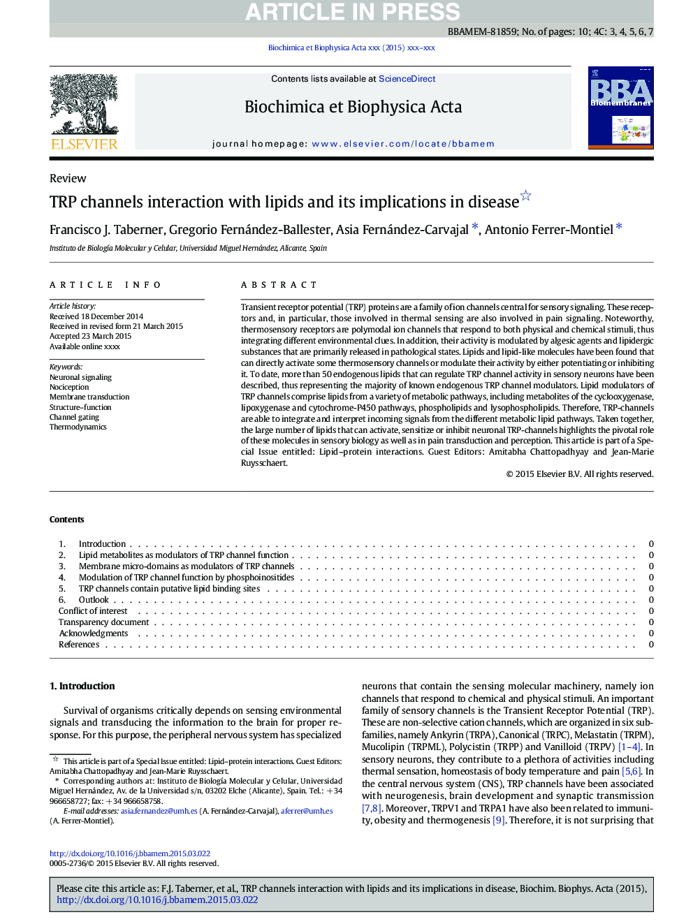 عکس صفحه اول مقاله: TRP channels interaction with lipids and its implications in disease TRP channels interaction with lipids and its implications in disease