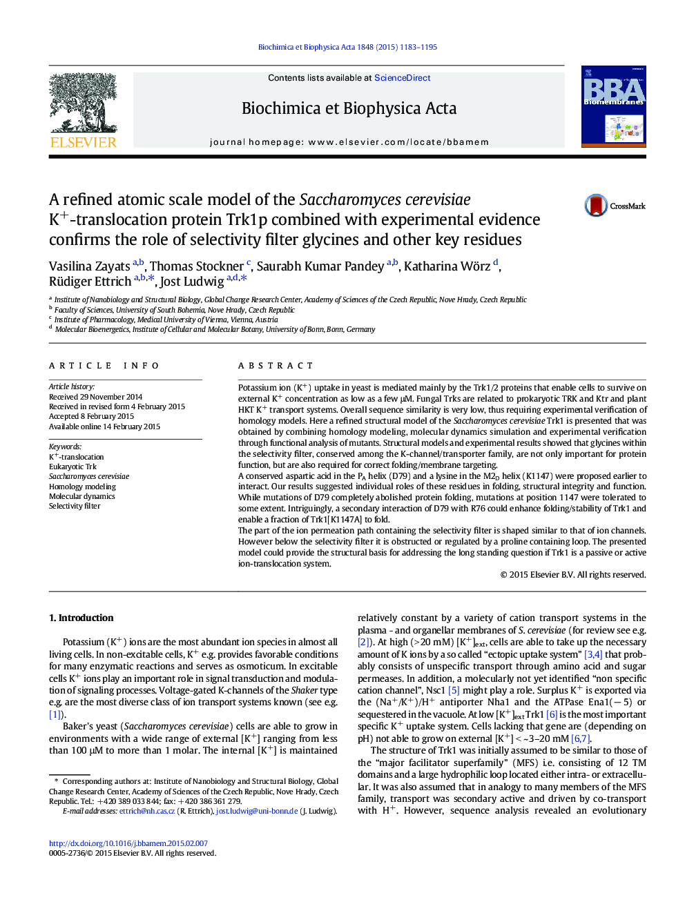 A refined atomic scale model of the Saccharomyces cerevisiae K+-translocation protein Trk1p combined with experimental evidence confirms the role of selectivity filter glycines and other key residues