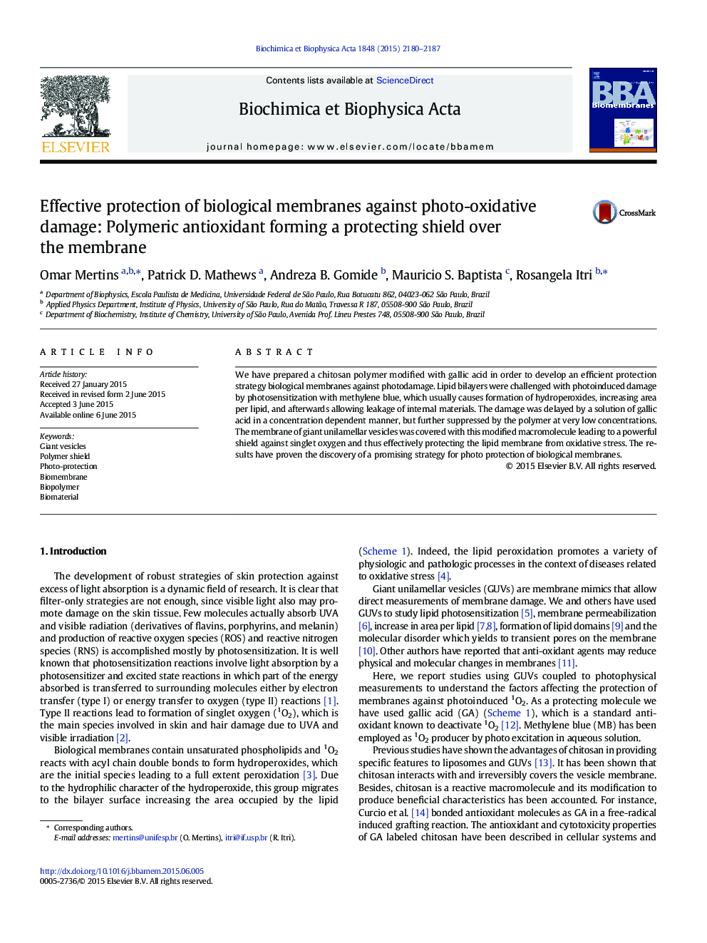 Effective protection of biological membranes against photo-oxidative damage: Polymeric antioxidant forming a protecting shield over the membrane