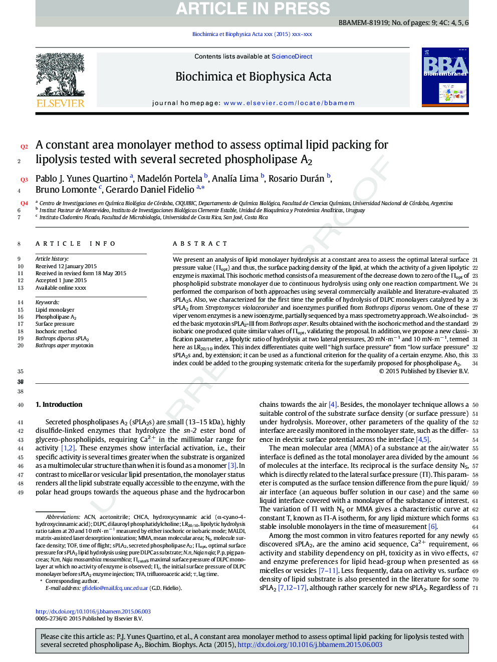 A constant area monolayer method to assess optimal lipid packing for lipolysis tested with several secreted phospholipase A2