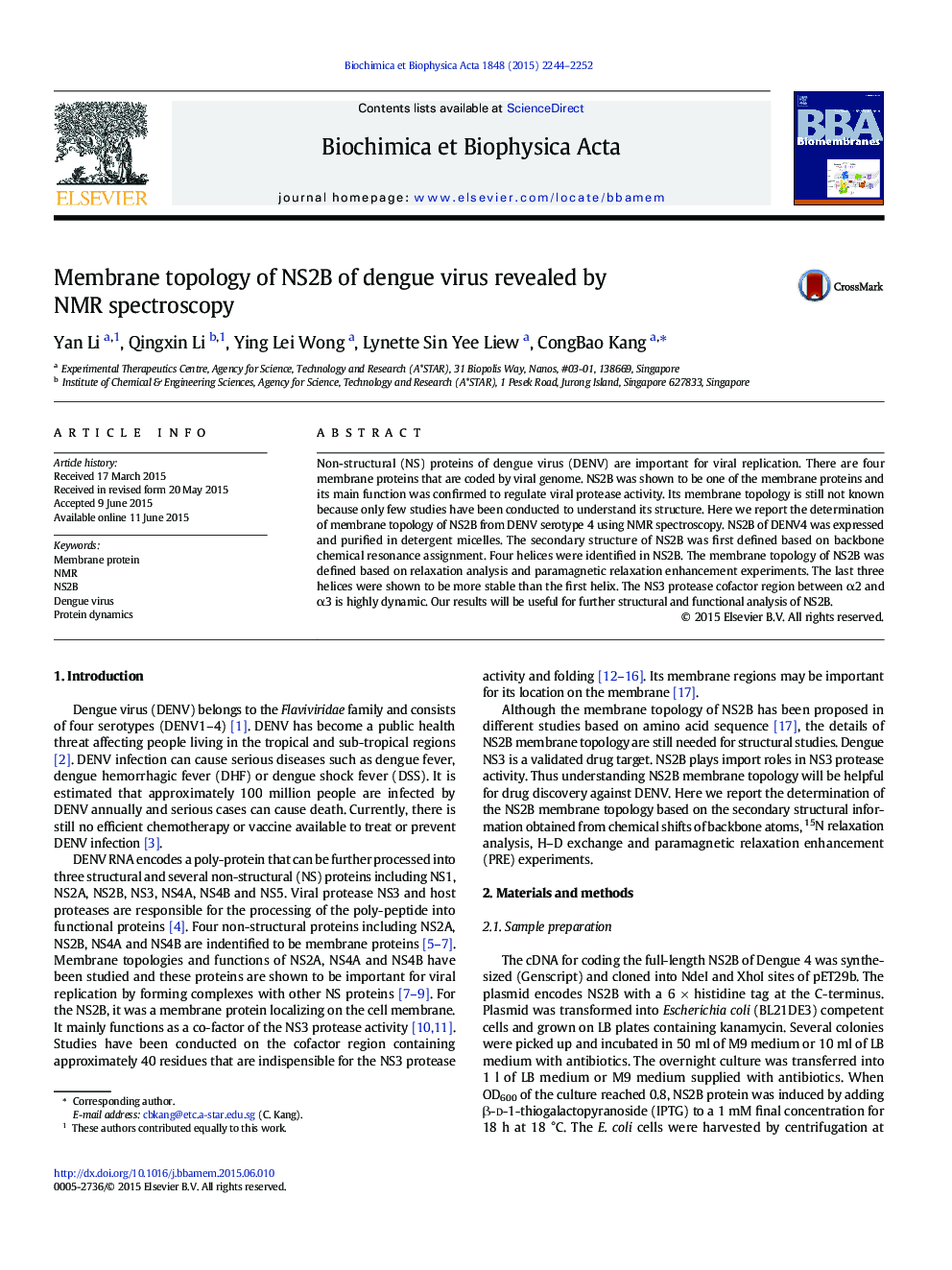 Membrane topology of NS2B of dengue virus revealed by NMR spectroscopy