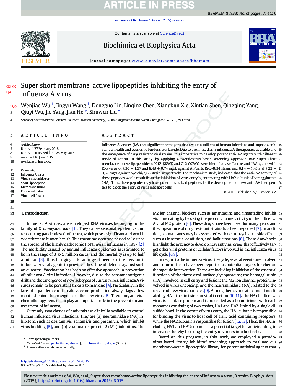 Super short membrane-active lipopeptides inhibiting the entry of influenza A virus