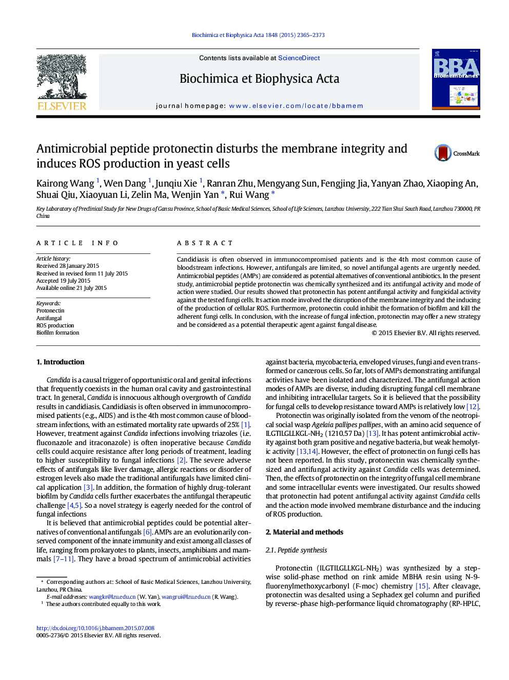 Antimicrobial peptide protonectin disturbs the membrane integrity and induces ROS production in yeast cells