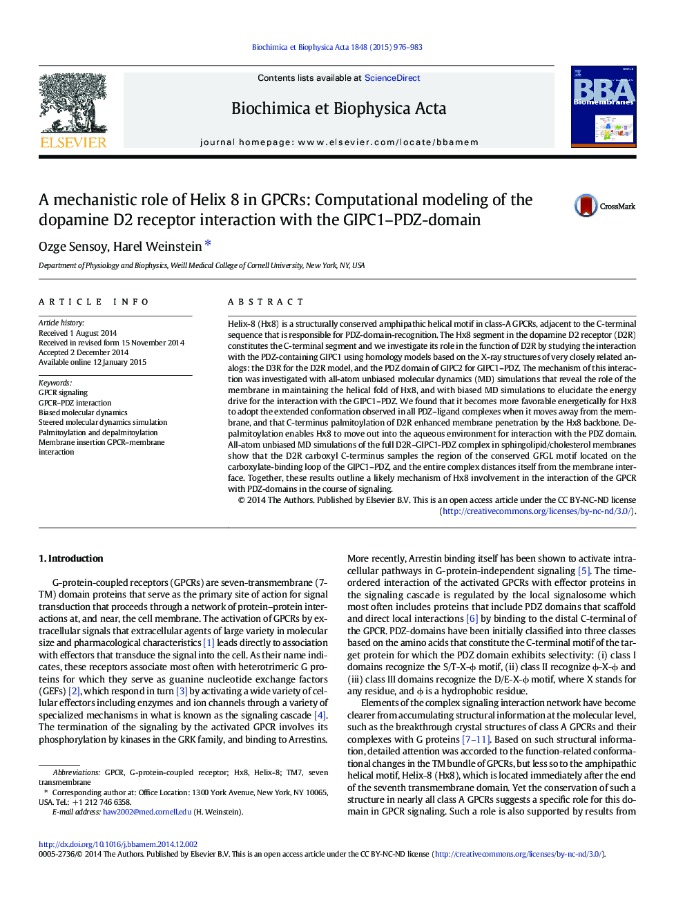 A mechanistic role of Helix 8 in GPCRs: Computational modeling of the dopamine D2 receptor interaction with the GIPC1-PDZ-domain
