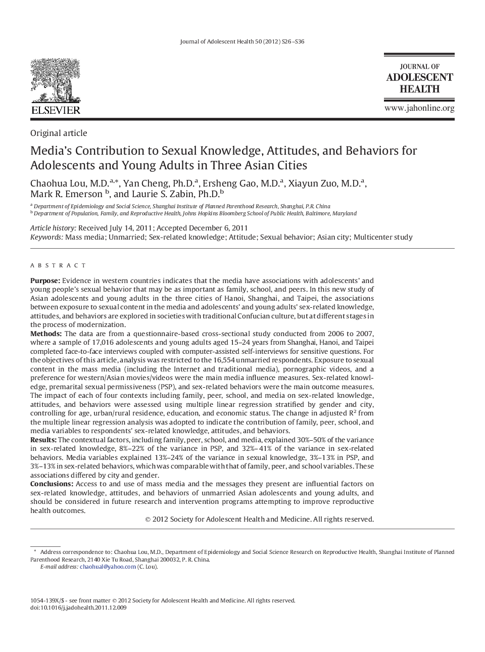 Media's Contribution to Sexual Knowledge, Attitudes, and Behaviors for Adolescents and Young Adults in Three Asian Cities