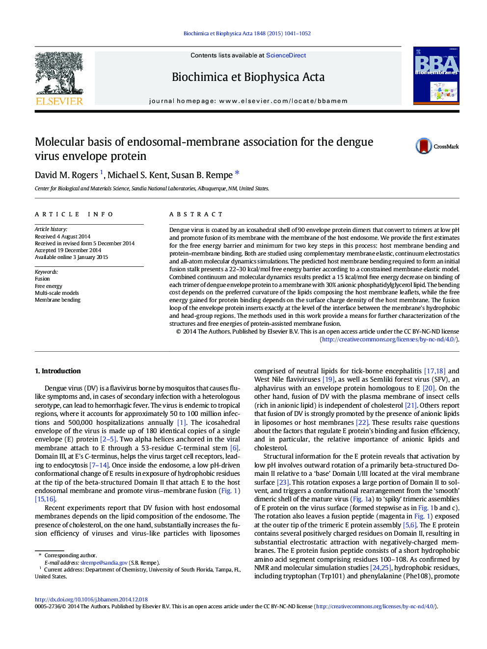 Molecular basis of endosomal-membrane association for the dengue virus envelope protein