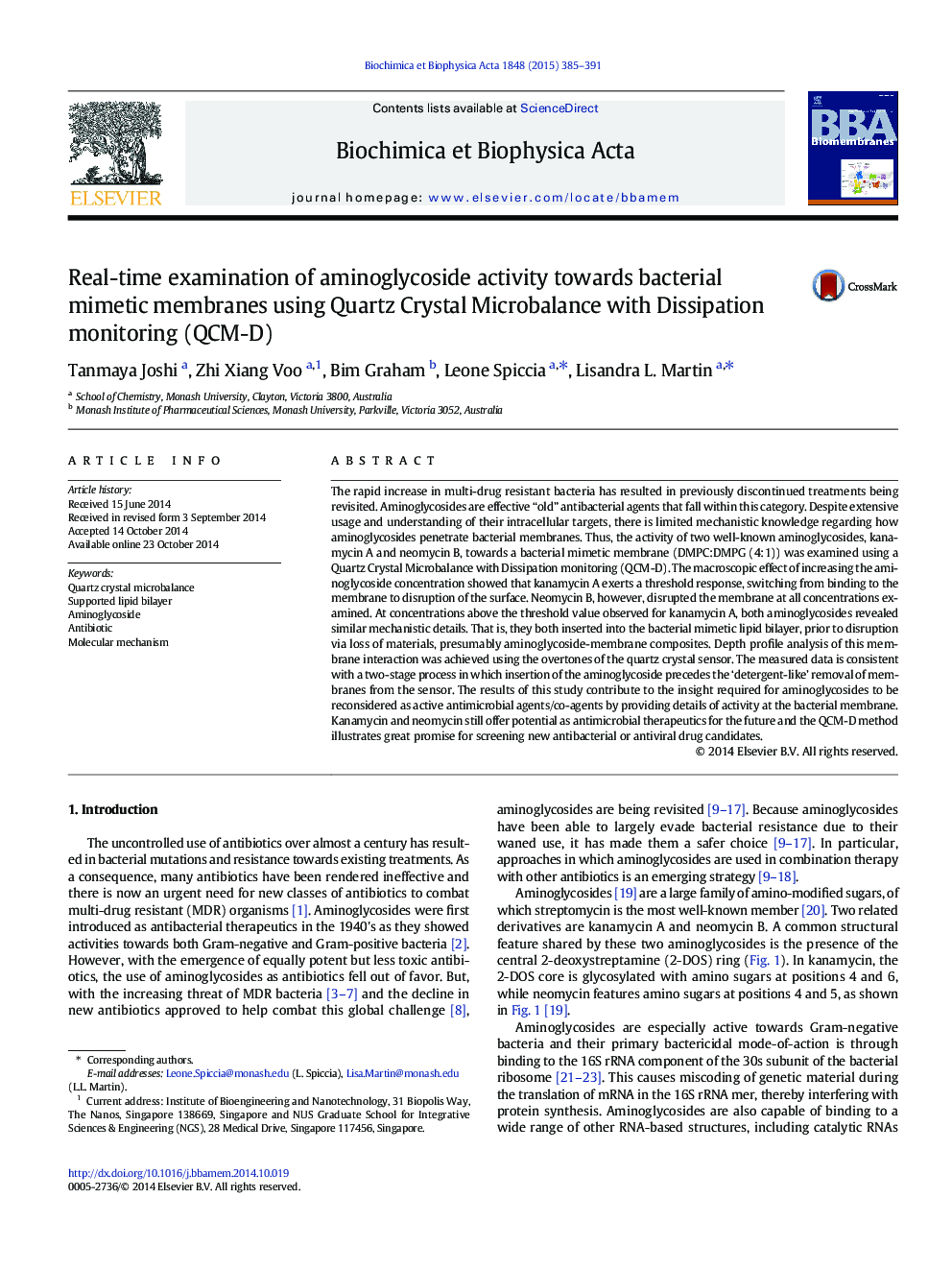 Real-time examination of aminoglycoside activity towards bacterial mimetic membranes using Quartz Crystal Microbalance with Dissipation monitoring (QCM-D)