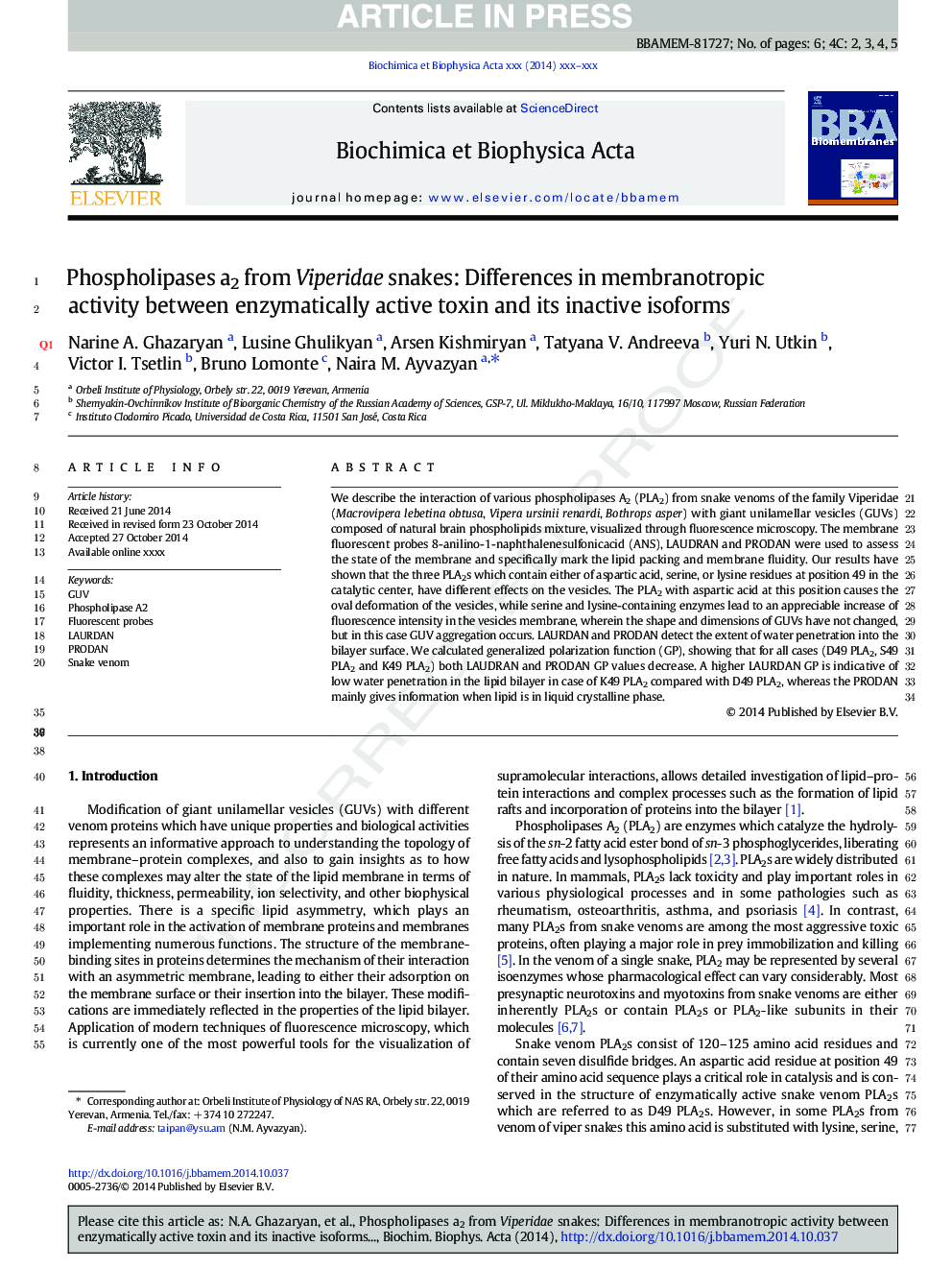 Phospholipases a2 from Viperidae snakes: Differences in membranotropic activity between enzymatically active toxin and its inactive isoforms