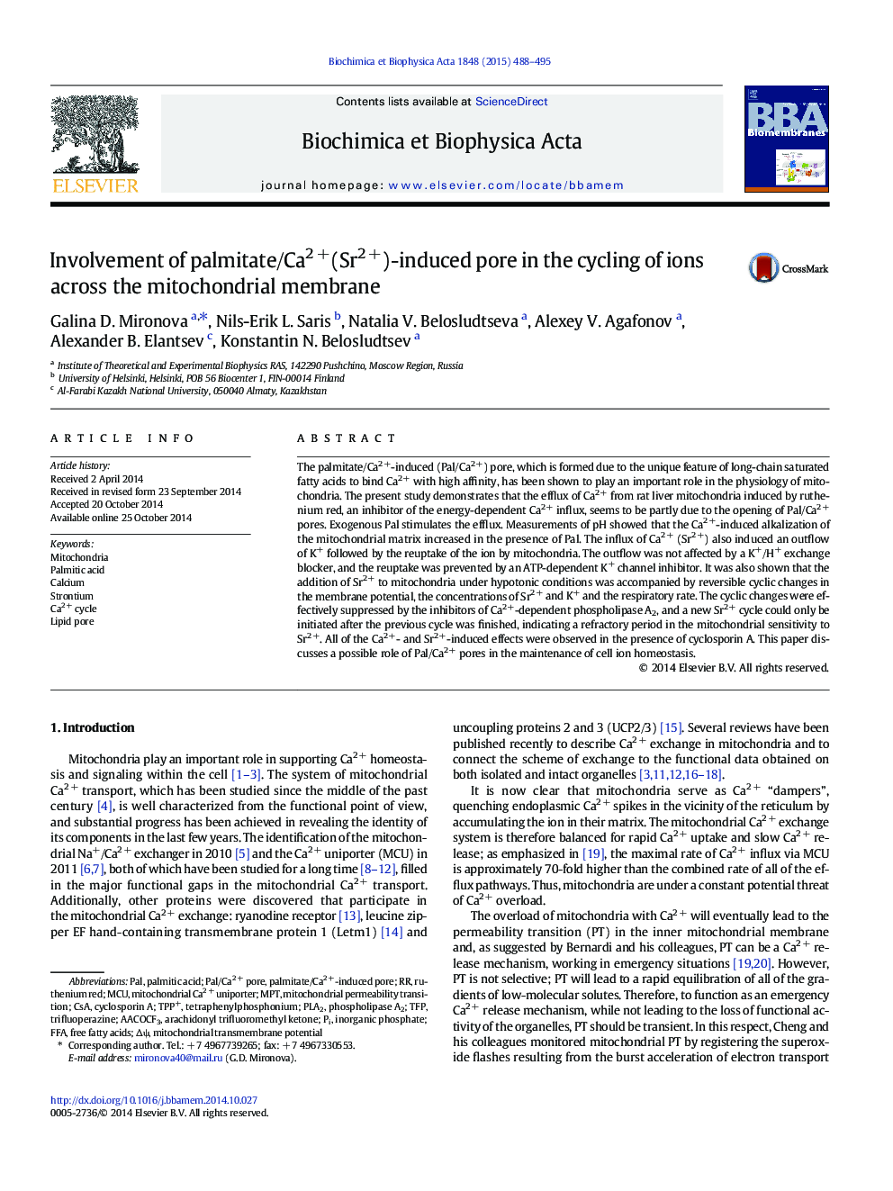 Involvement of palmitate/Ca2Â +(Sr2Â +)-induced pore in the cycling of ions across the mitochondrial membrane