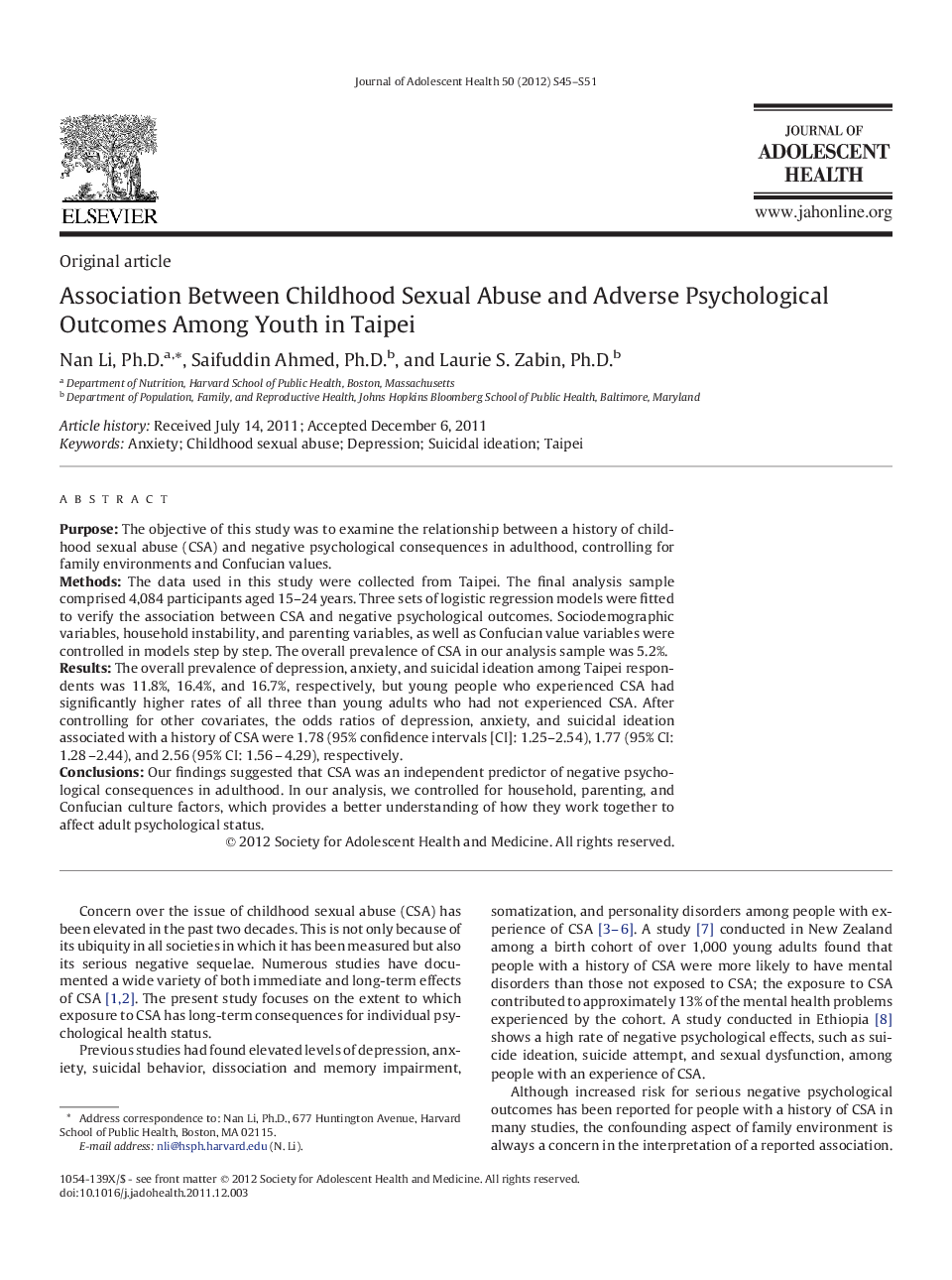 Association Between Childhood Sexual Abuse and Adverse Psychological Outcomes Among Youth in Taipei