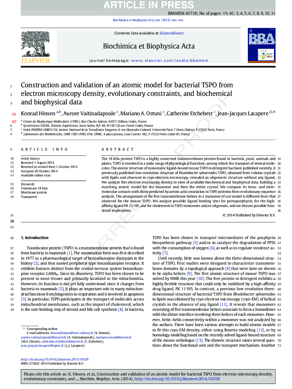 Construction and validation of an atomic model for bacterial TSPO from electron microscopy density, evolutionary constraints, and biochemical and biophysical data