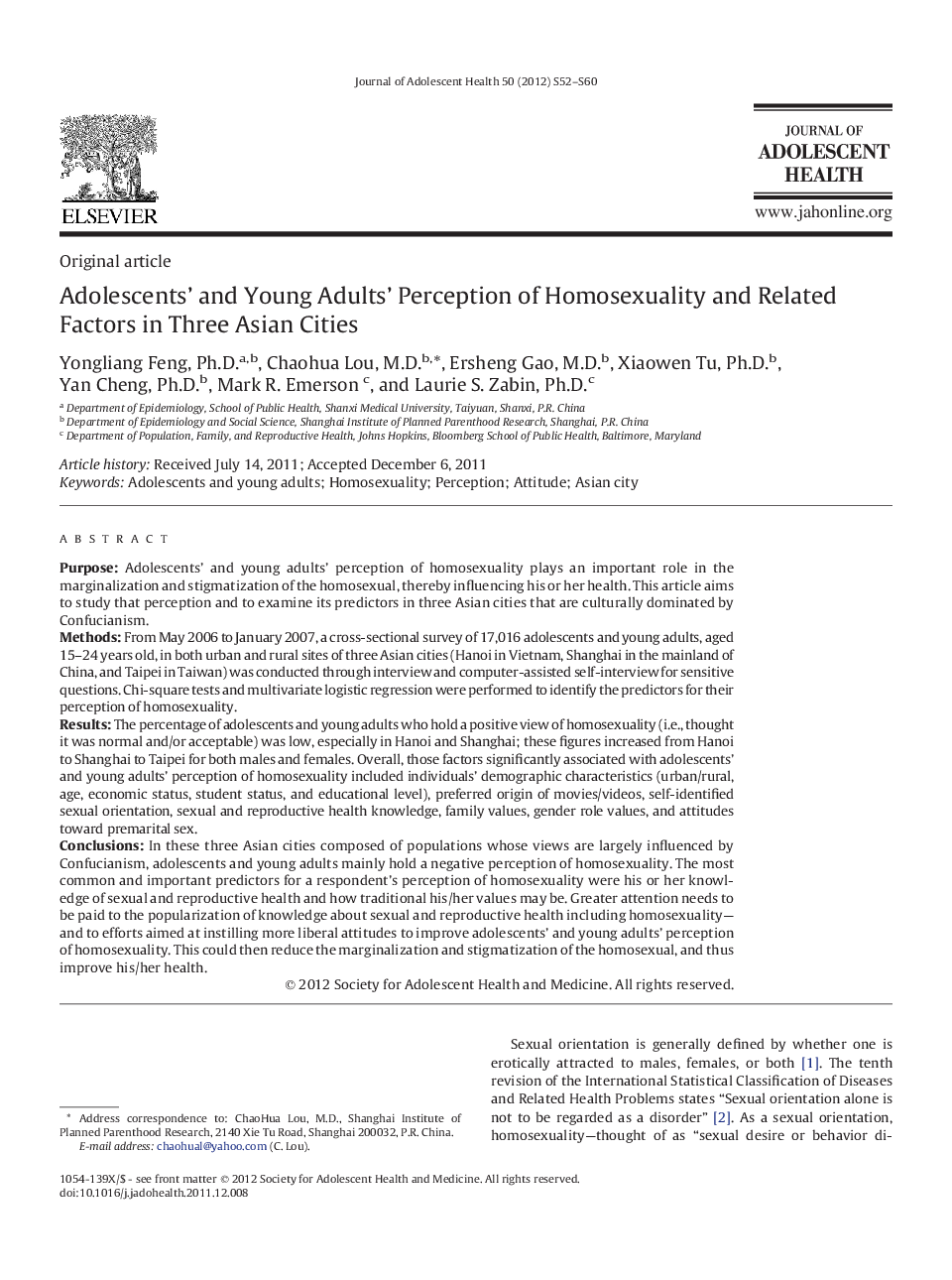 Adolescents' and Young Adults' Perception of Homosexuality and Related Factors in Three Asian Cities