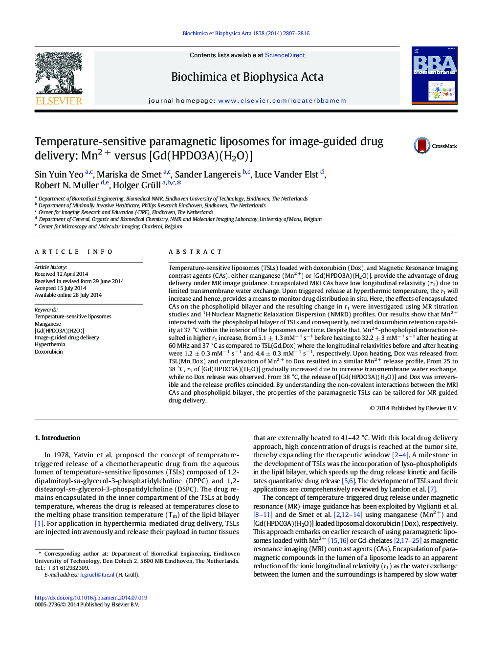 Temperature-sensitive paramagnetic liposomes for image-guided drug delivery: Mn2Â + versus [Gd(HPDO3A)(H2O)]