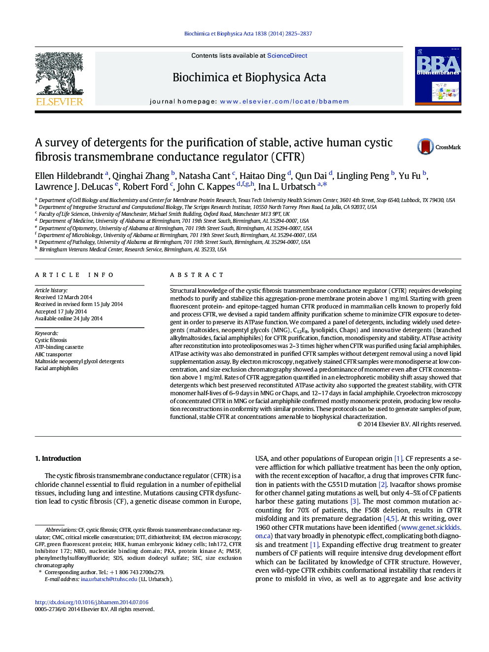 A survey of detergents for the purification of stable, active human cystic fibrosis transmembrane conductance regulator (CFTR)