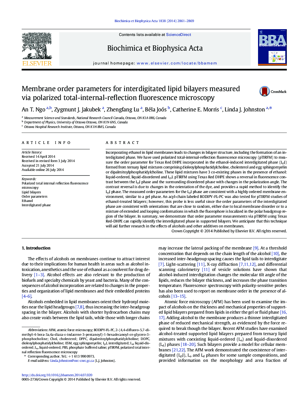 Membrane order parameters for interdigitated lipid bilayers measured via polarized total-internal-reflection fluorescence microscopy