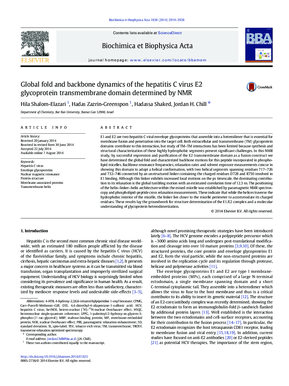 Global fold and backbone dynamics of the hepatitis C virus E2 glycoprotein transmembrane domain determined by NMR