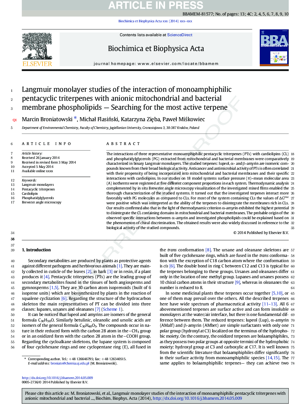 Langmuir monolayer studies of the interaction of monoamphiphilic pentacyclic triterpenes with anionic mitochondrial and bacterial membrane phospholipids - Searching for the most active terpene