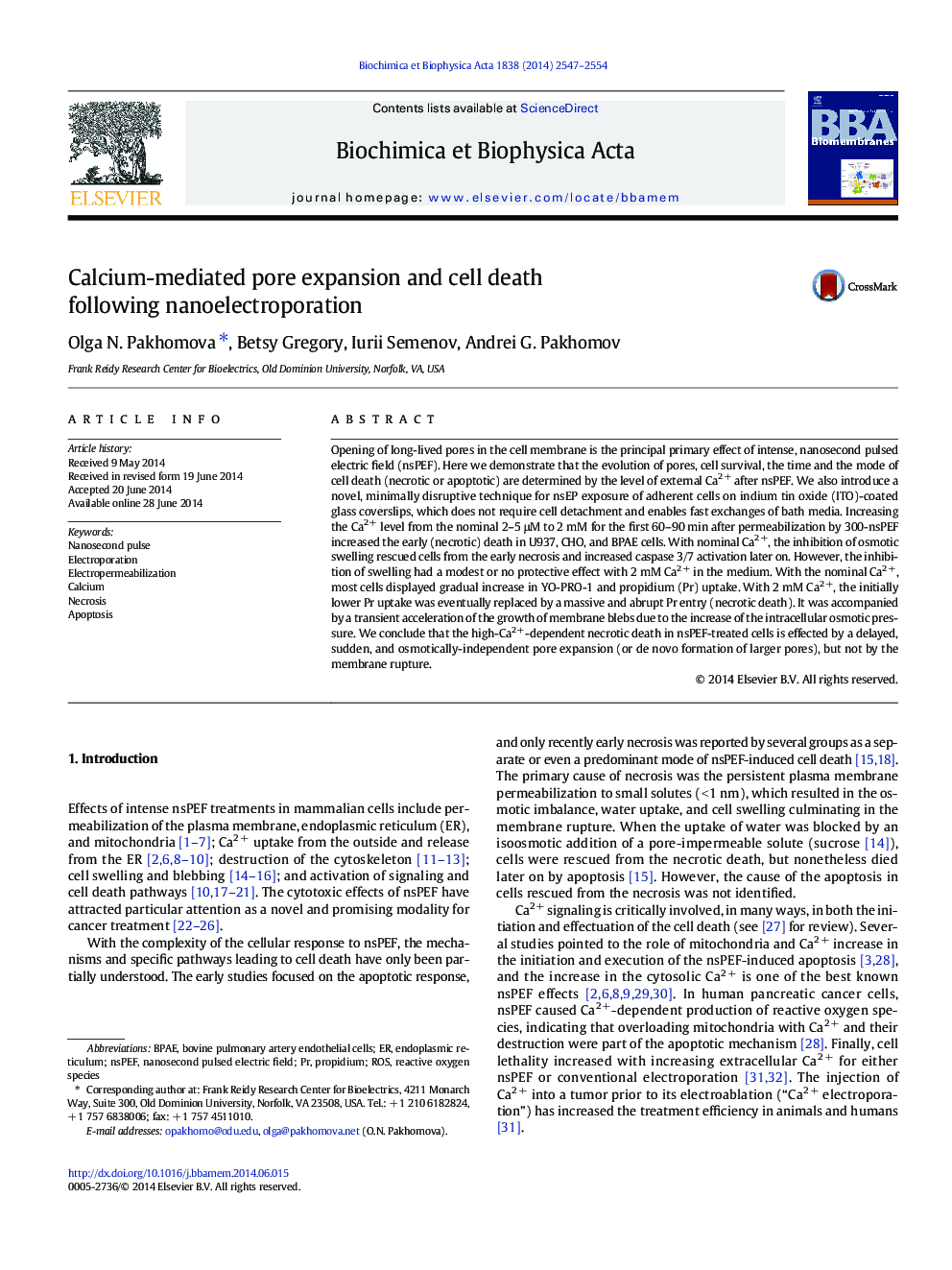 Calcium-mediated pore expansion and cell death following nanoelectroporation