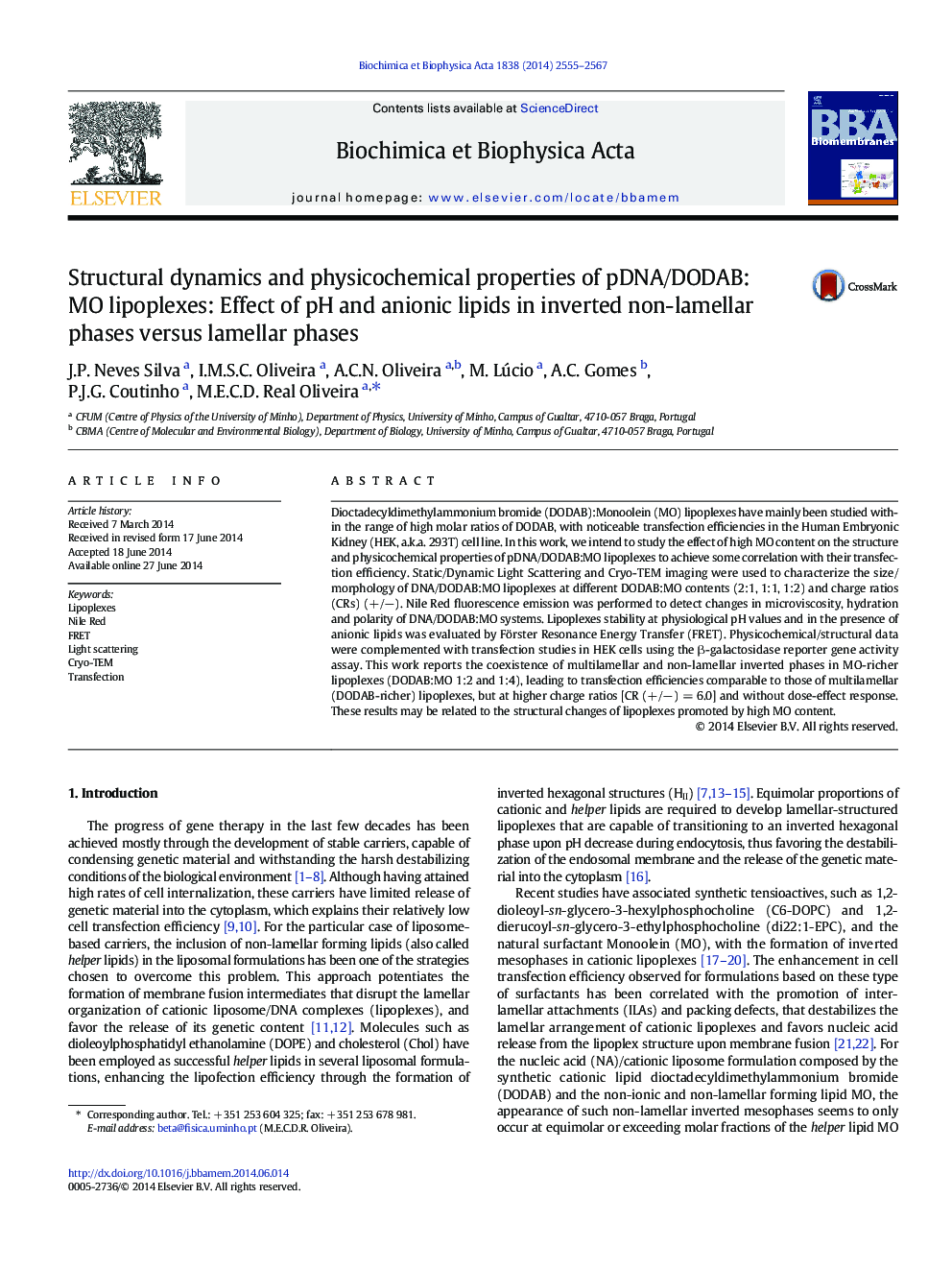 Structural dynamics and physicochemical properties of pDNA/DODAB:MO lipoplexes: Effect of pH and anionic lipids in inverted non-lamellar phases versus lamellar phases