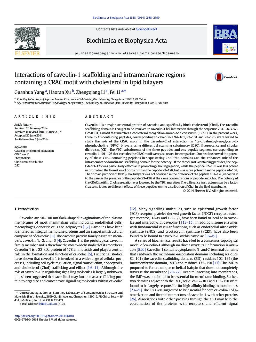 Interactions of caveolin-1 scaffolding and intramembrane regions containing a CRAC motif with cholesterol in lipid bilayers