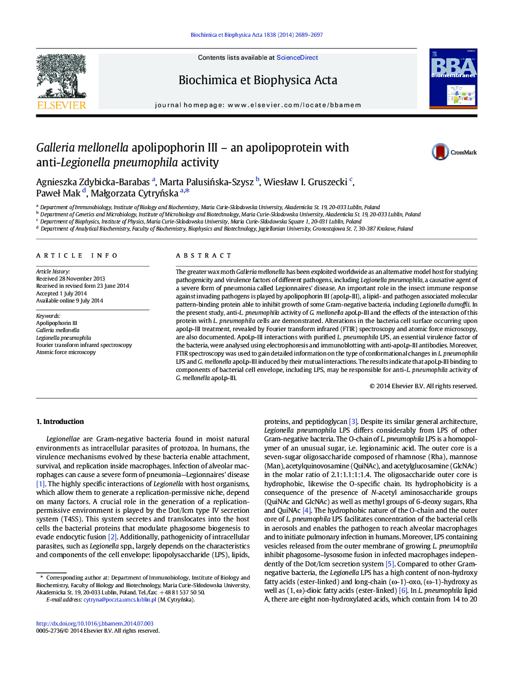 Galleria mellonella apolipophorin III - an apolipoprotein with anti-Legionella pneumophila activity