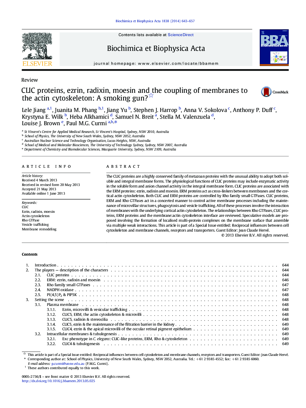 CLIC proteins, ezrin, radixin, moesin and the coupling of membranes to the actin cytoskeleton: A smoking gun?