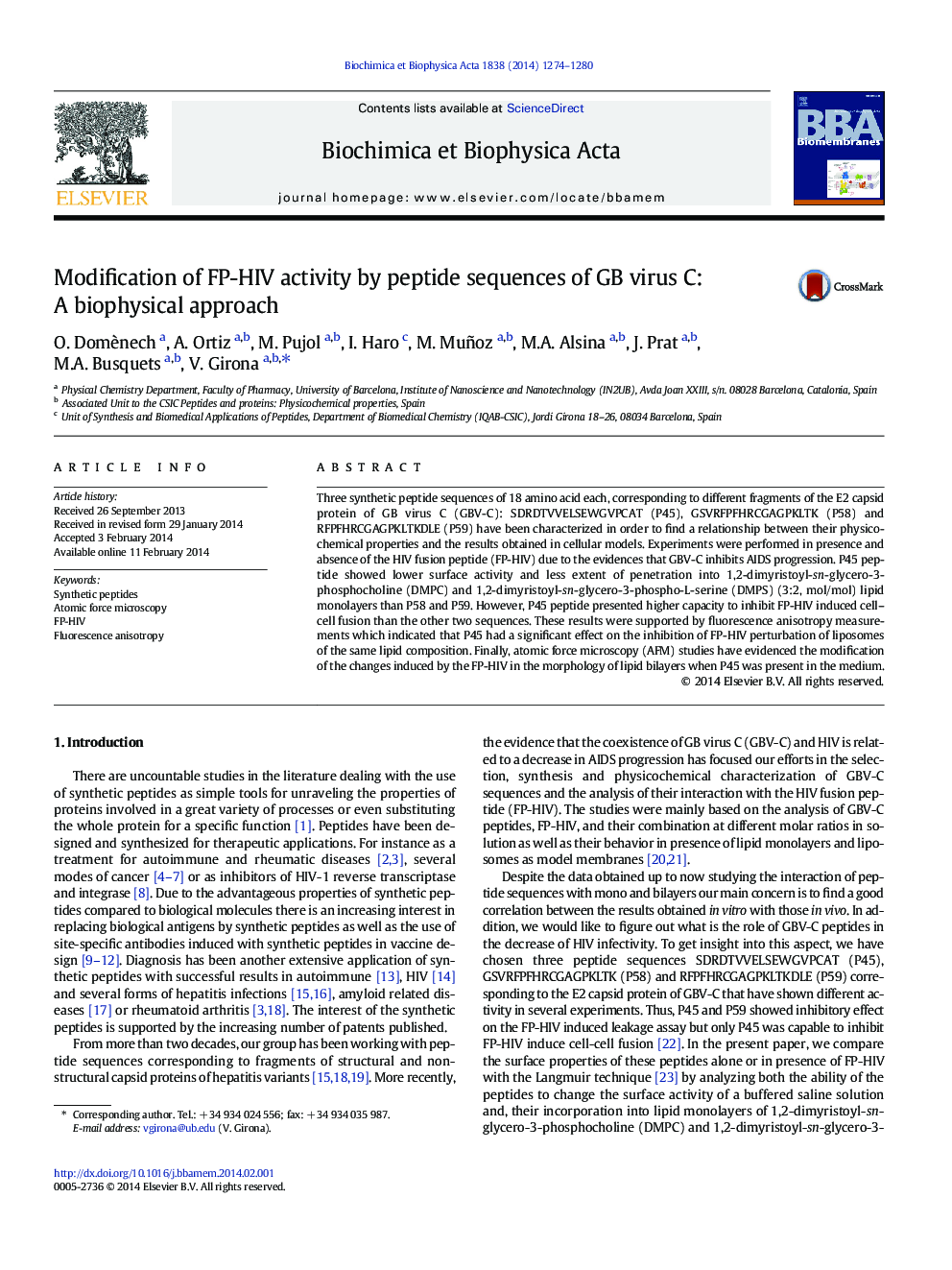 Modification of FP-HIV activity by peptide sequences of GB virus C: A biophysical approach