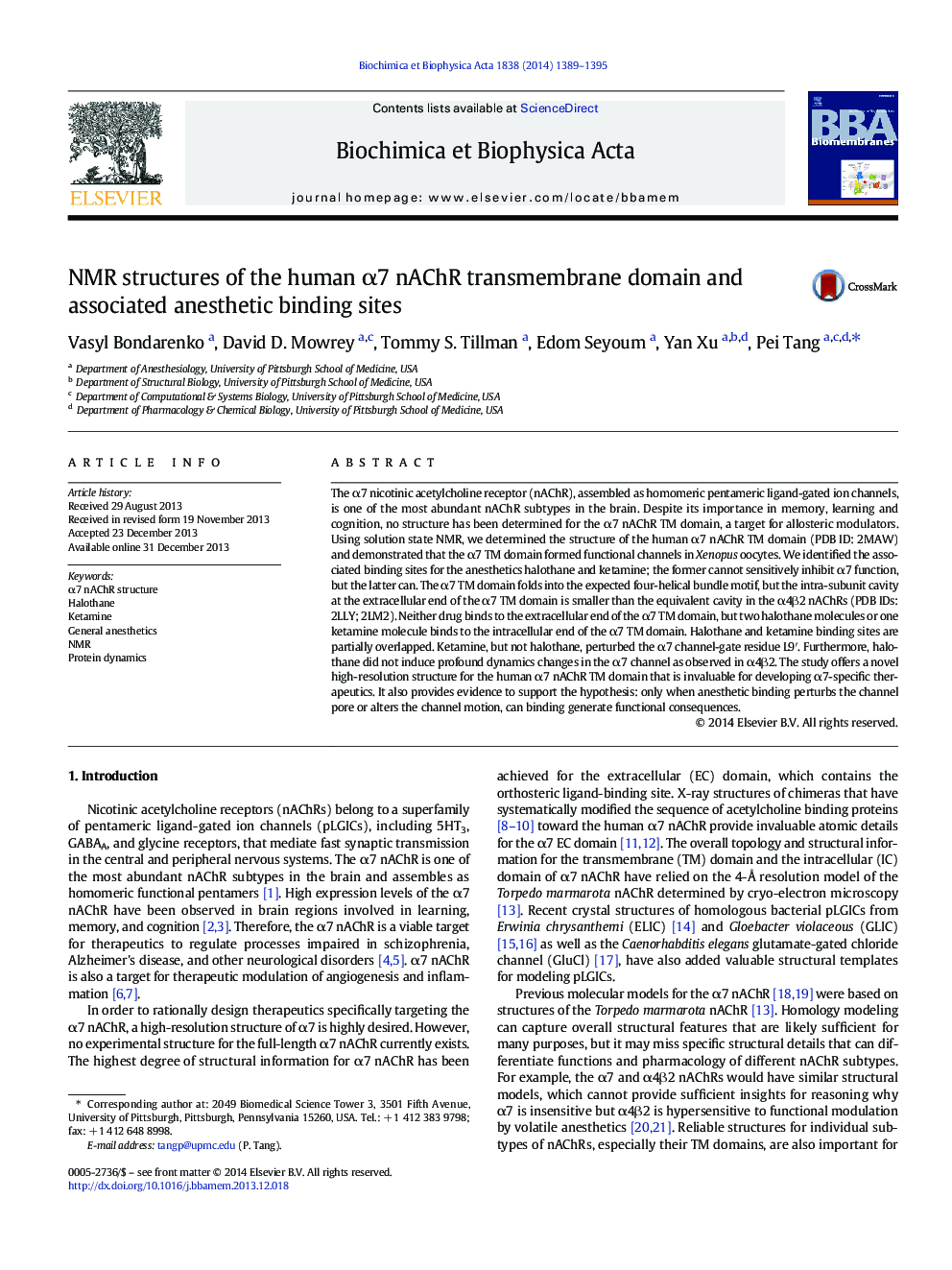 NMR structures of the human Î±7 nAChR transmembrane domain and associated anesthetic binding sites