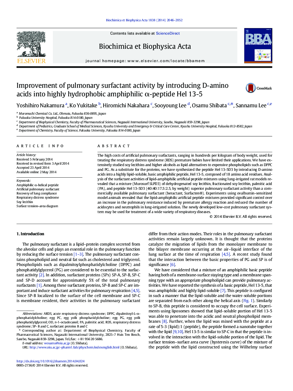 Improvement of pulmonary surfactant activity by introducing D-amino acids into highly hydrophobic amphiphilic Î±-peptide Hel 13-5