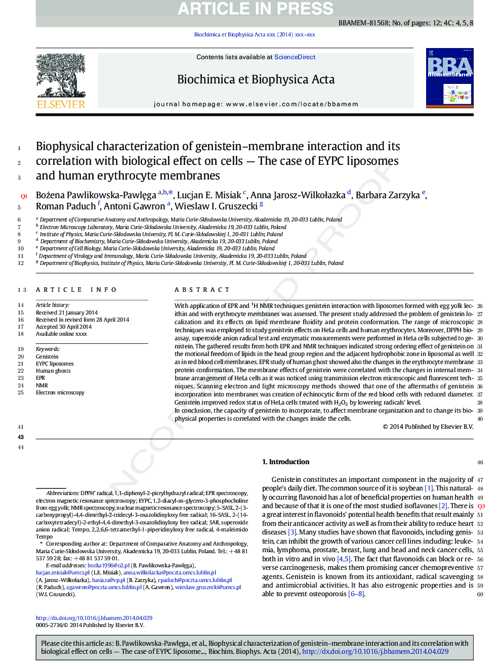 Biophysical characterization of genistein-membrane interaction and its correlation with biological effect on cells - The case of EYPC liposomes and human erythrocyte membranes