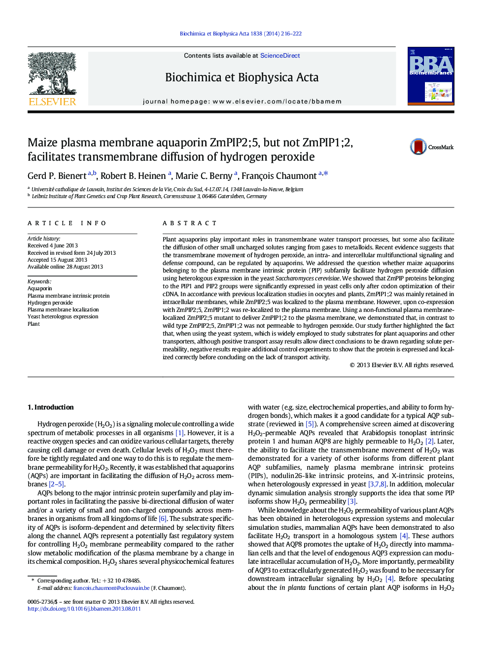 Maize plasma membrane aquaporin ZmPIP2;5, but not ZmPIP1;2, facilitates transmembrane diffusion of hydrogen peroxide