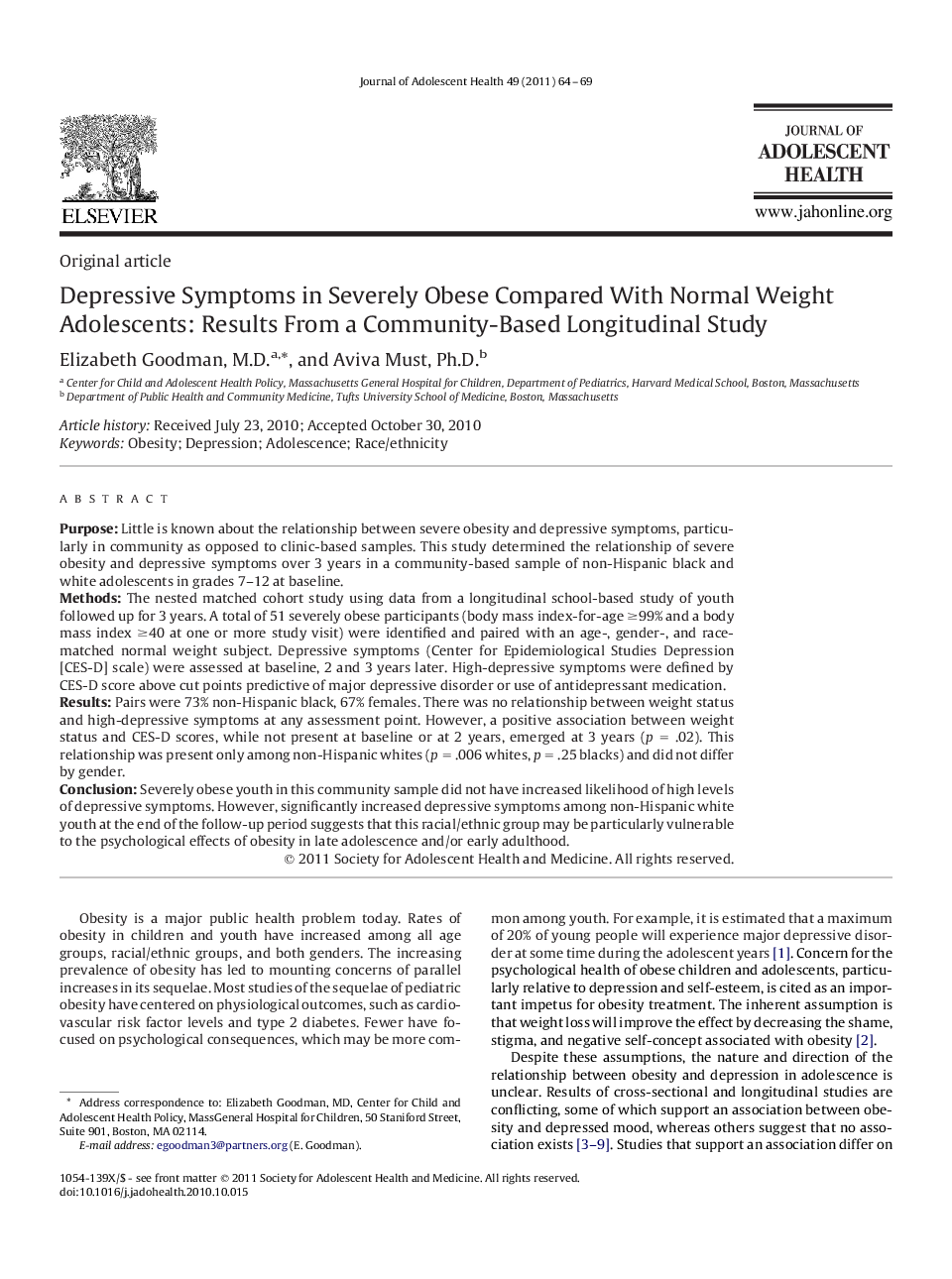 عکس صفحه اول مقاله: Depressive Symptoms in Severely Obese Compared With Normal Weight Adolescents: Results From a Community-Based Longitudinal Study Depressive Symptoms in Severely Obese Compared With Normal Weight Adolescents: Results From a Community-Based Longitudinal Study