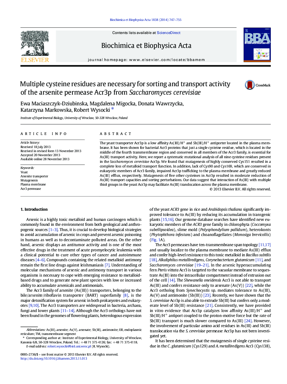 Multiple cysteine residues are necessary for sorting and transport activity of the arsenite permease Acr3p from Saccharomyces cerevisiae