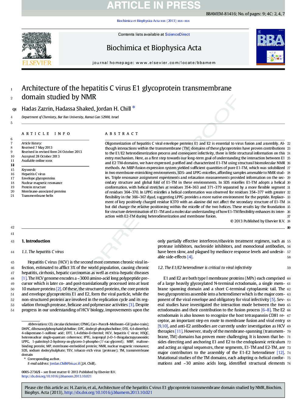 Architecture of the hepatitis C virus E1 glycoprotein transmembrane domain studied by NMR