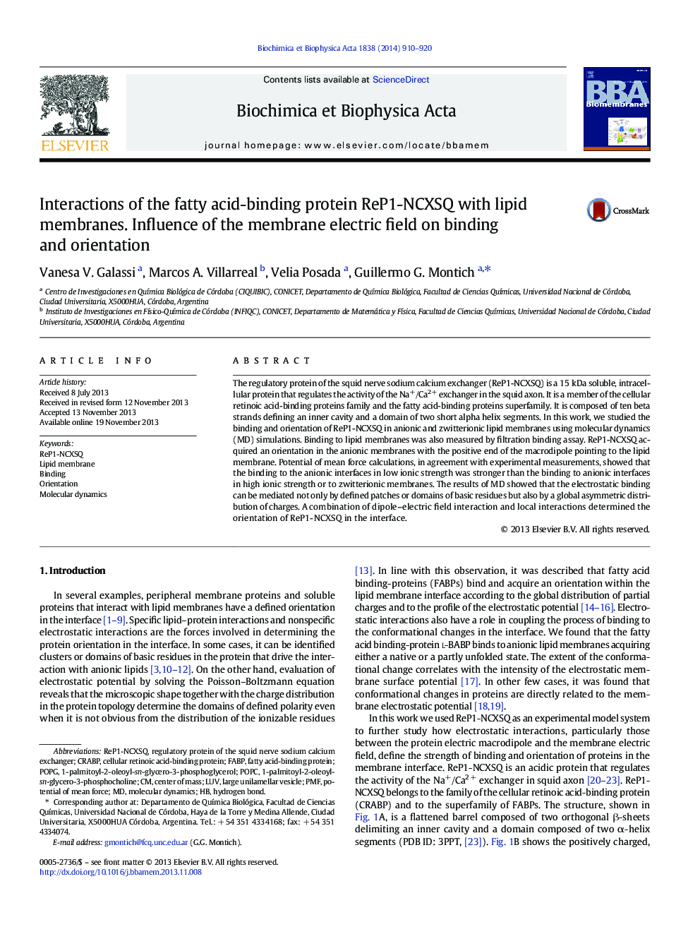 عکس صفحه اول مقاله: Interactions of the fatty acid-binding protein ReP1-NCXSQ with lipid membranes. Influence of the membrane electric field on binding and orientation Interactions of the fatty acid-binding protein ReP1-NCXSQ with lipid membranes. Influence of the membrane electric field on binding and orientation