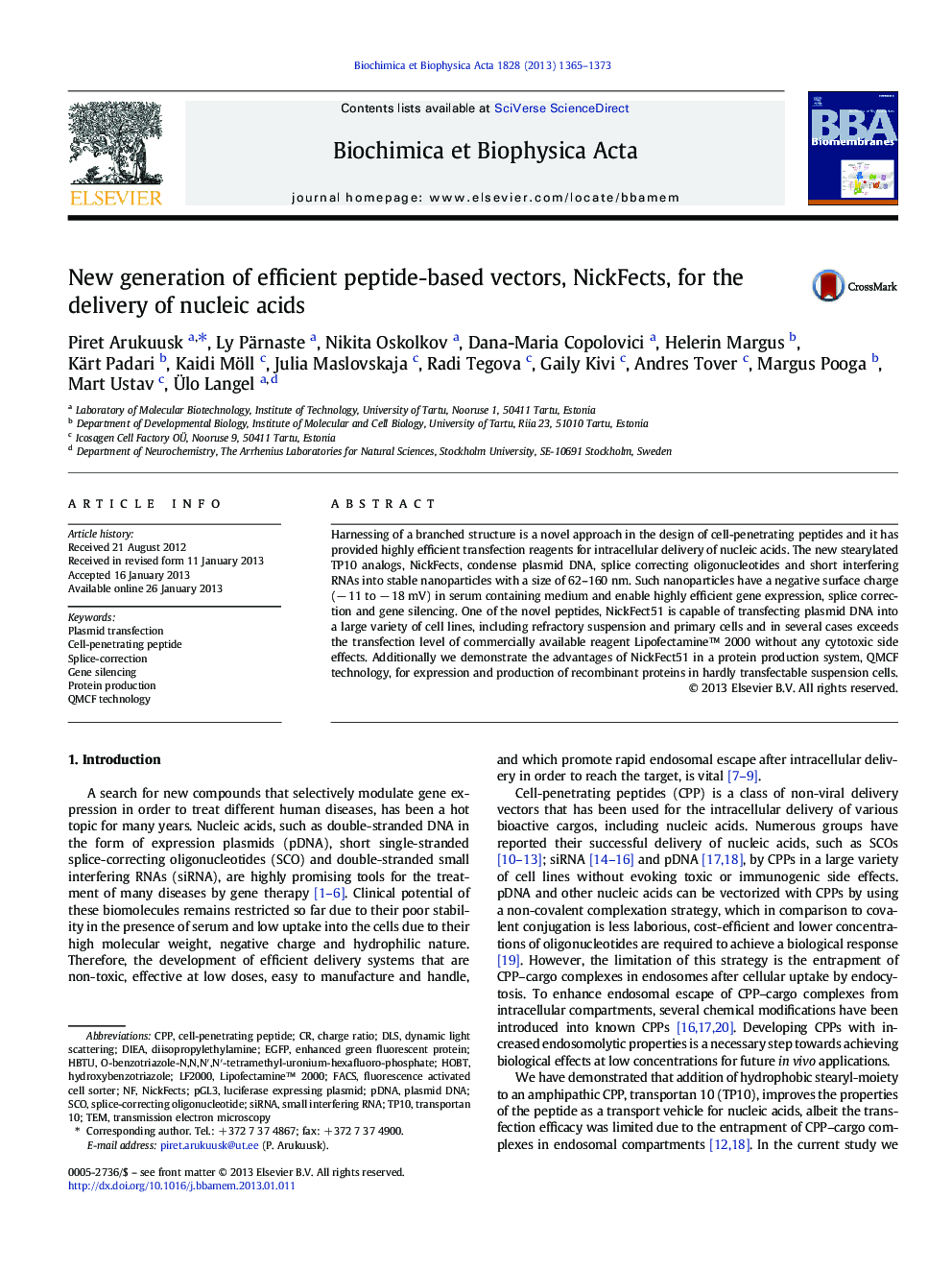 New generation of efficient peptide-based vectors, NickFects, for the delivery of nucleic acids