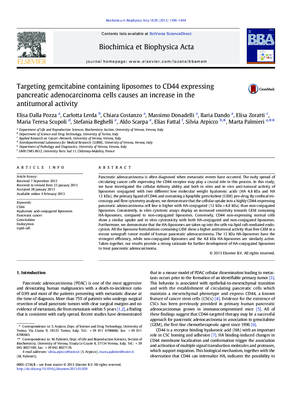 Targeting gemcitabine containing liposomes to CD44 expressing pancreatic adenocarcinoma cells causes an increase in the antitumoral activity