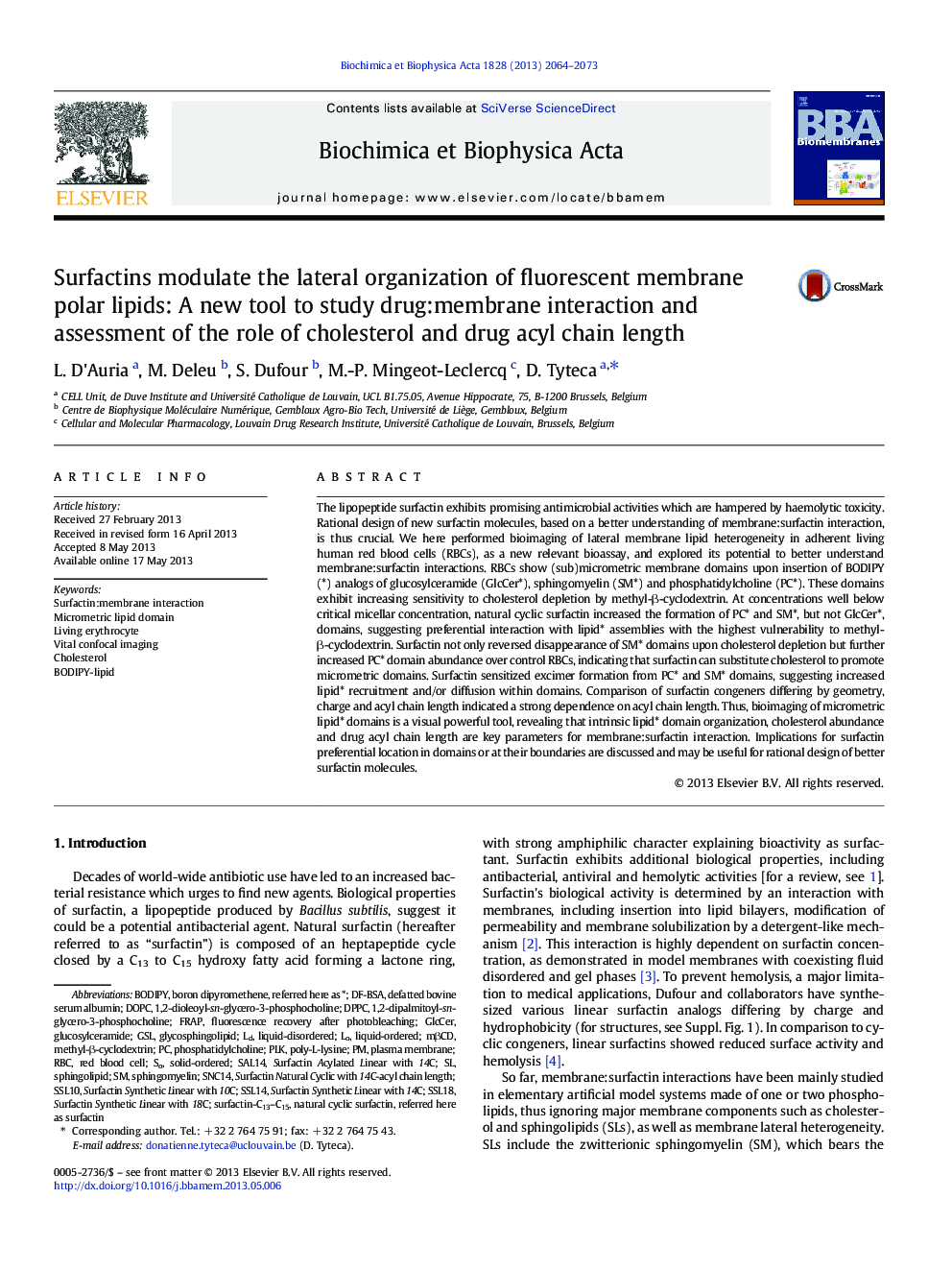 Surfactins modulate the lateral organization of fluorescent membrane polar lipids: A new tool to study drug:membrane interaction and assessment of the role of cholesterol and drug acyl chain length