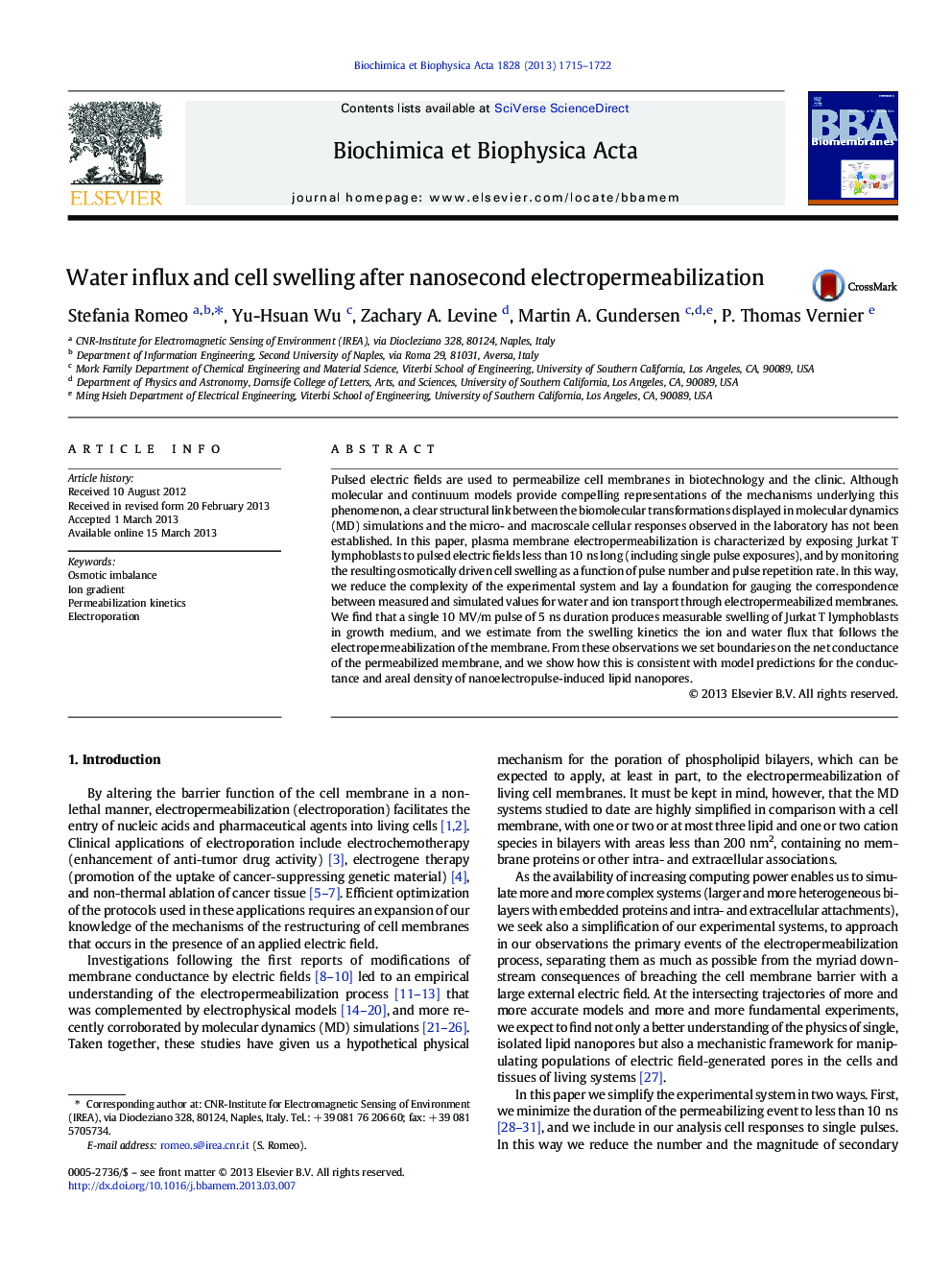 Water influx and cell swelling after nanosecond electropermeabilization